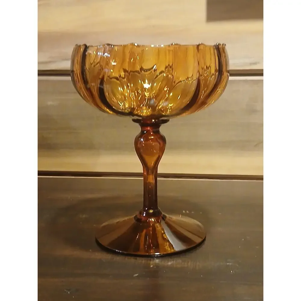 VTG Italian Empoli Amber Optic Glass Compote MCM Hand-Blown, Polished Pontil
